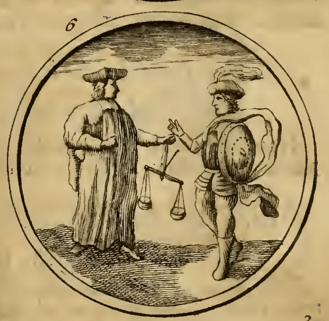 6. Een Soldaat en een Rechter. (Солдат і суддя) — Видання 1705 р. Емблема 6. Солдат і суддя — Symbola et emblemata