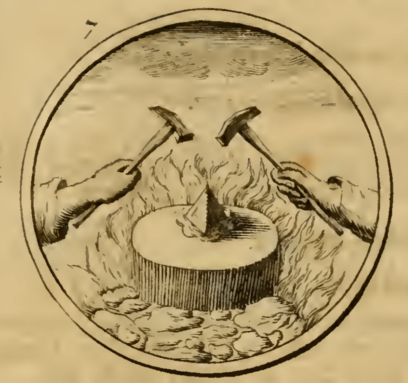 7. Een Diamant met hamers geklopt. (Діамант, по якому б’ють молотами) — Видання 1705 р. Емблема 7. Діамант, по якому б’ють молотами — Symbola et emblemata