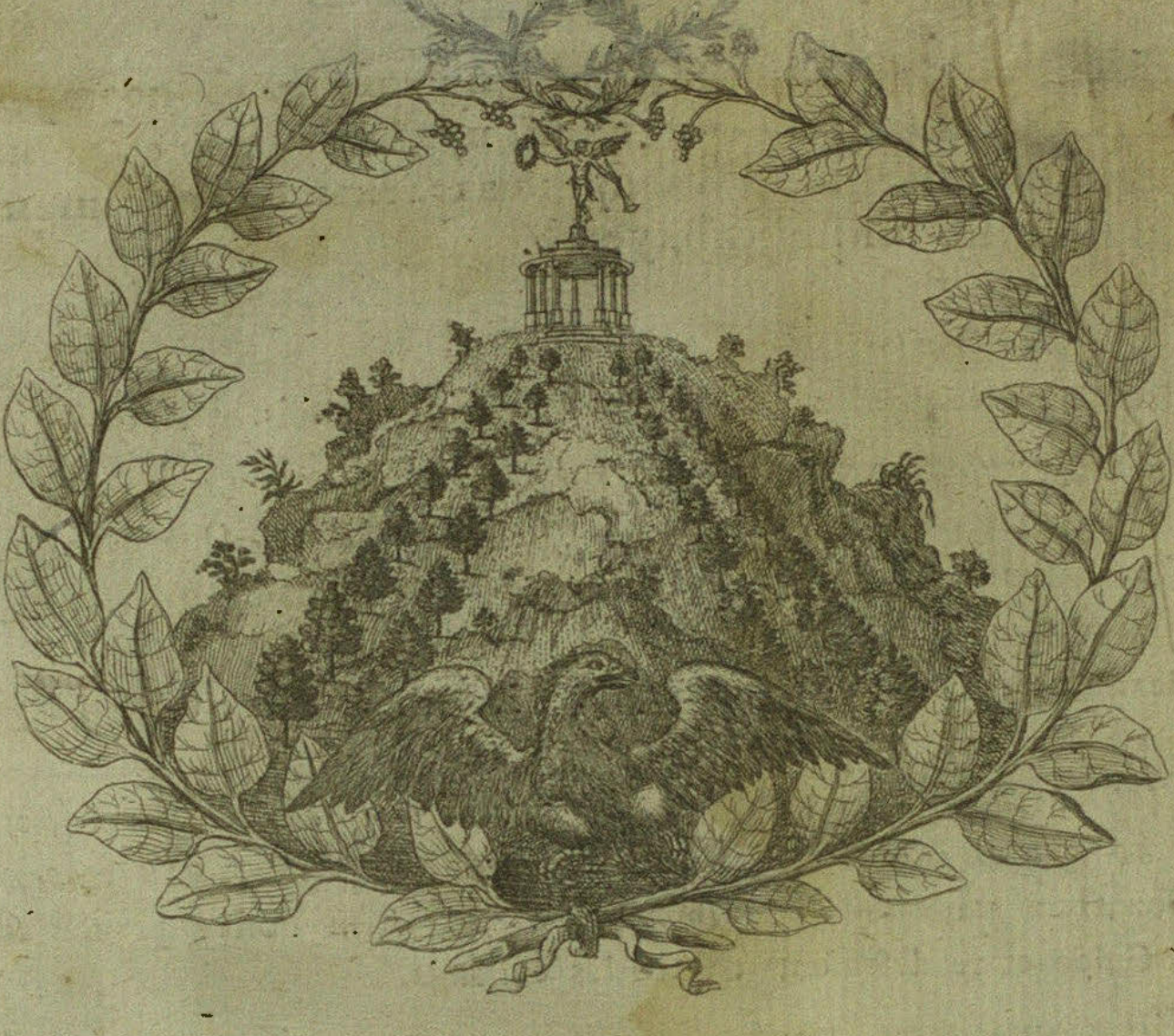 Engraved emblem with laurel wreath, rocky hill, temple, birds, and eagle