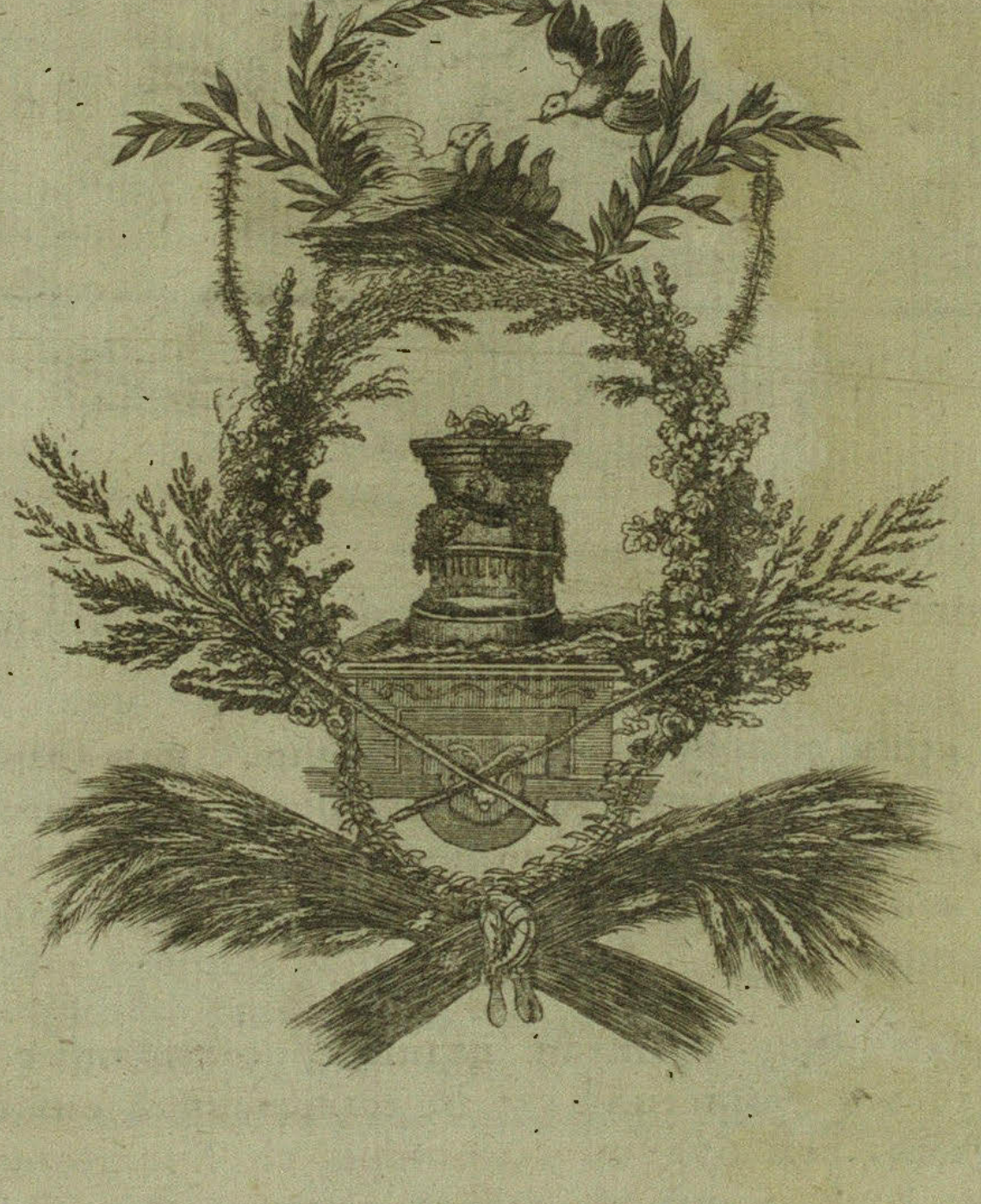 Engraved ornamental emblem with laurel branches, nest and bird, pedestal and crossed sheaves